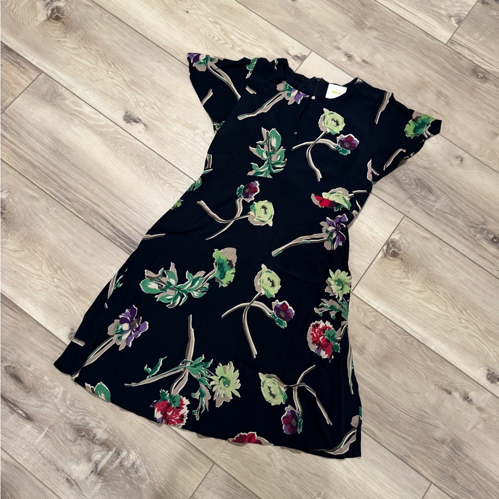 Anthropologie Maeve Navy Blue Floral Flutter Sleeve Dress, 6 Petite